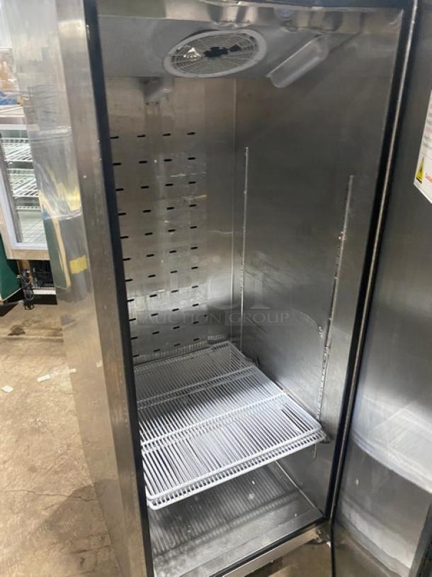 Atosa 2020 commercial stainless steel single-door refrigerator, Model MBF8004GR, with poly-coated wire racks, Energy Star certified, on casters.