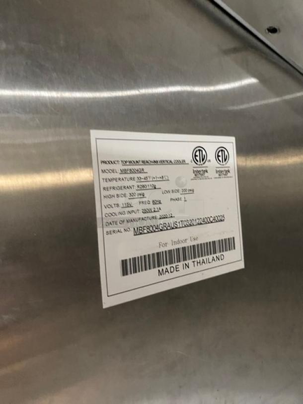 Atosa MBF8004GR commercial fridge, stainless steel, 2020 model, Energy Star, single door, on casters, serial MBF8004GRAUS1T0320122400C40025. Tags show model and origin info.