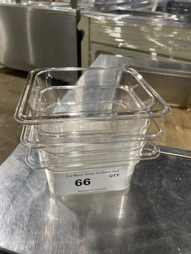 Winco SP7604 clear polycarbonate 1/6-size 4" deep food pan, stack of three. New condition.