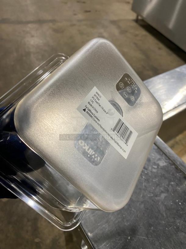 NEW Winco SP7604 food pan, 1/6-size, 4" deep, clear polycarbonate. Label indicates model and specs.