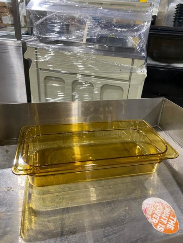 Cambro Commercial Amber Food Pan, Model 32HP150, 1/3-size, 2-1/2" deep, high-temperature, new condition.