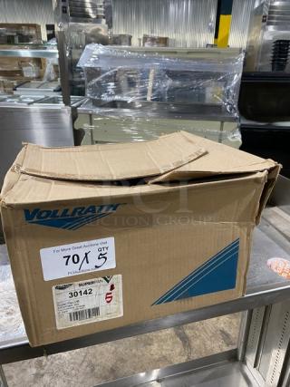 New Vollrath SuperPan V Series stainless steel pan, model 30142, 2/3-size, 4" deep. Box visible, labeled "70 QTY."
