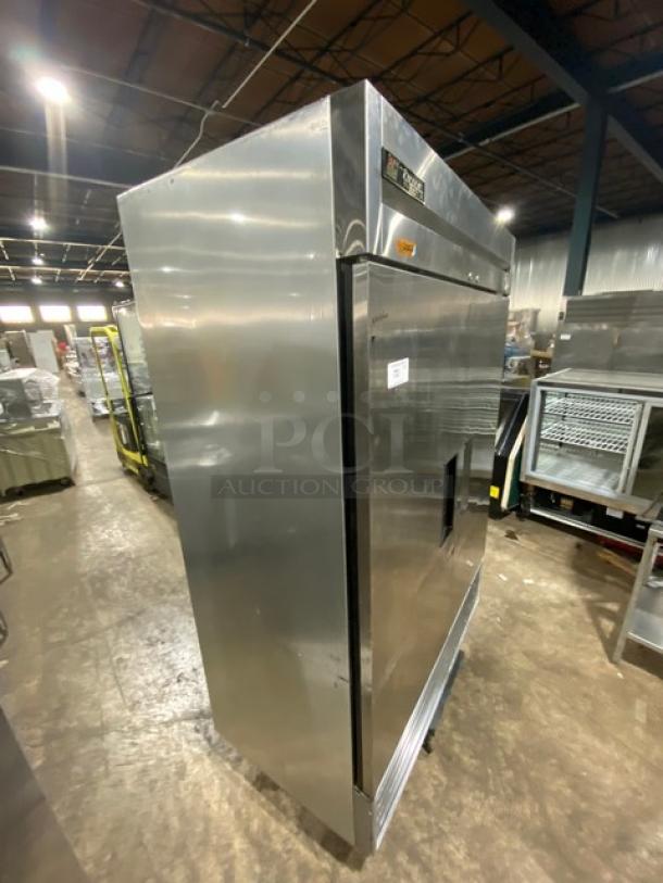 True T-49F commercial stainless steel 2-door freezer, model T49F, in used condition. Features poly-coated wire rack, 115V, 1 Phase.