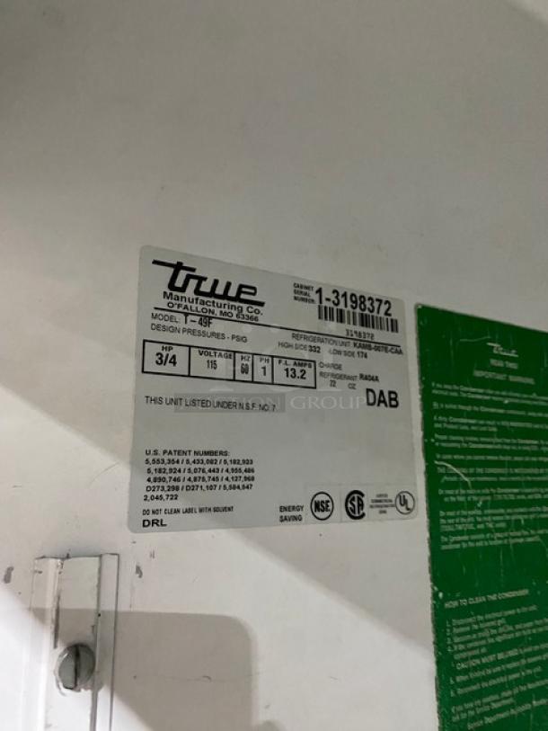 True Commercial Stainless Steel 2 Door Reach-In Freezer, Model T-49F, SN: 1-3198372, 115V, 1 Phase, with poly-coated wire rack.