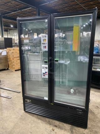 Kool-It Signature Series 163LX46FB black double glass swing door merchandiser freezer, with poly-coated wire racks, on casters.