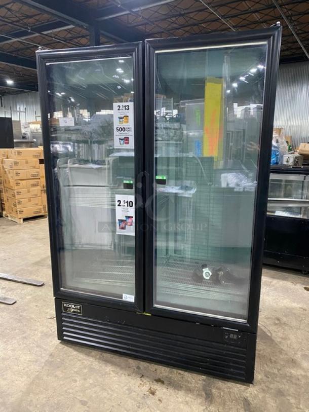 Kool-It Signature Series commercial black double glass swing door freezer, model 163LX46FB, with poly coated wire racks.