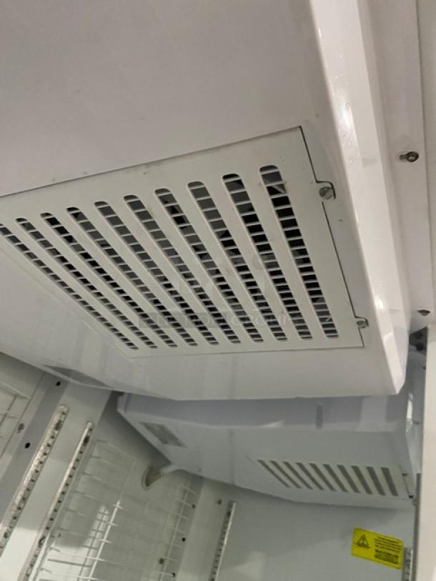 Kool-It 163LX46FB commercial glass door freezer interior, poly-coated wire racks, white vented panel, model tag visible.
