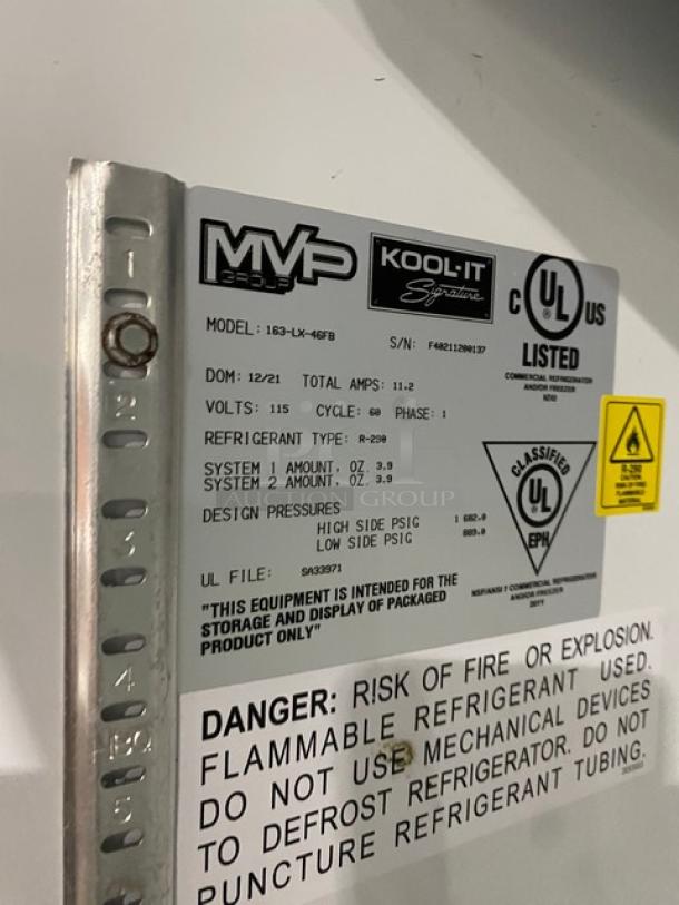 Kool-It Signature Series commercial freezer label, Model 163LX46FB, voltage and refrigerant details visible.