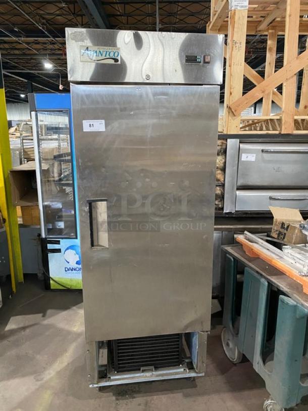 Avantco 178A19F Commercial Stainless Steel Single Door Freezer, on casters, visible wear, model number and serial number noted.