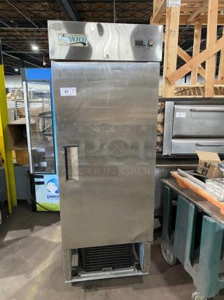 Avantco 178A19F Commercial Stainless Steel Single Door Freezer, on casters, visible wear, model number and serial number noted.