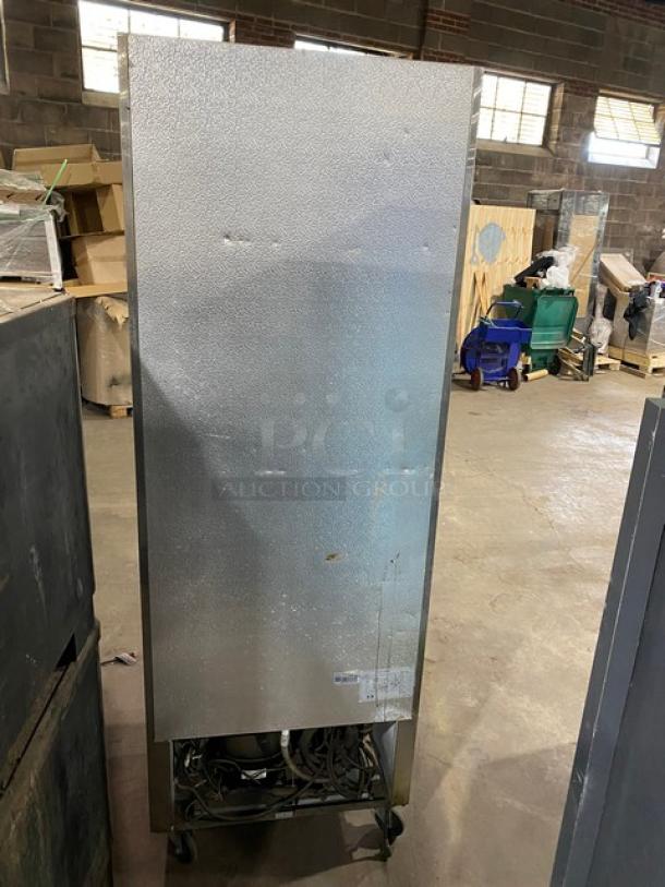 Avantco Commercial Stainless Steel Single Door Freezer, Model 178A19F, on casters, used condition, visible labels.