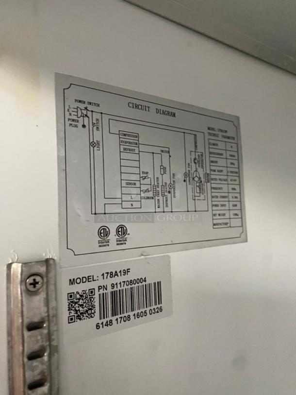 Avantco commercial stainless steel freezer, Model 178A19F, circuit diagram and label visible, on casters, SN 6148170816050326.
