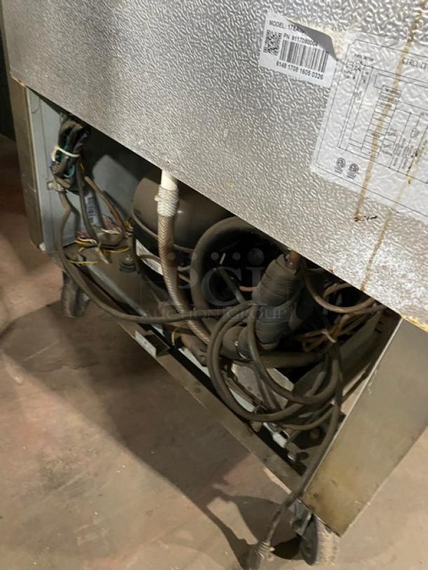 Avantco Commercial Stainless Steel Single Door Freezer, Model 178A19F, on casters, visible wiring, and model label shown.