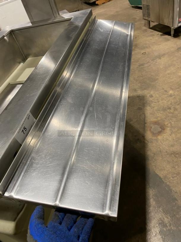 Custom stainless steel commercial salad bar with sneeze guard, portable, folding tray slide, on casters, gently used.