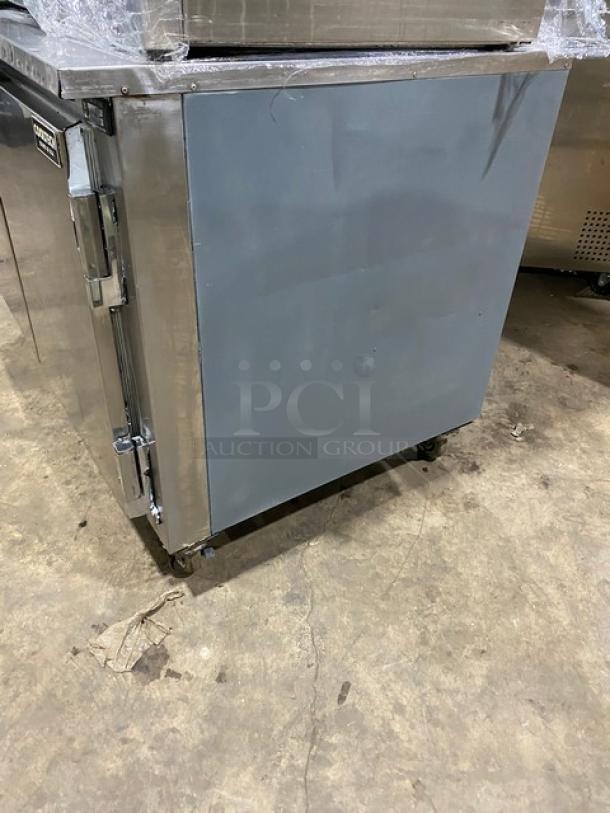 CoolTech CMPH48LBB stainless steel 2-door lowboy worktop refrigerator, 120V, on casters, commercial-grade, excellent condition.