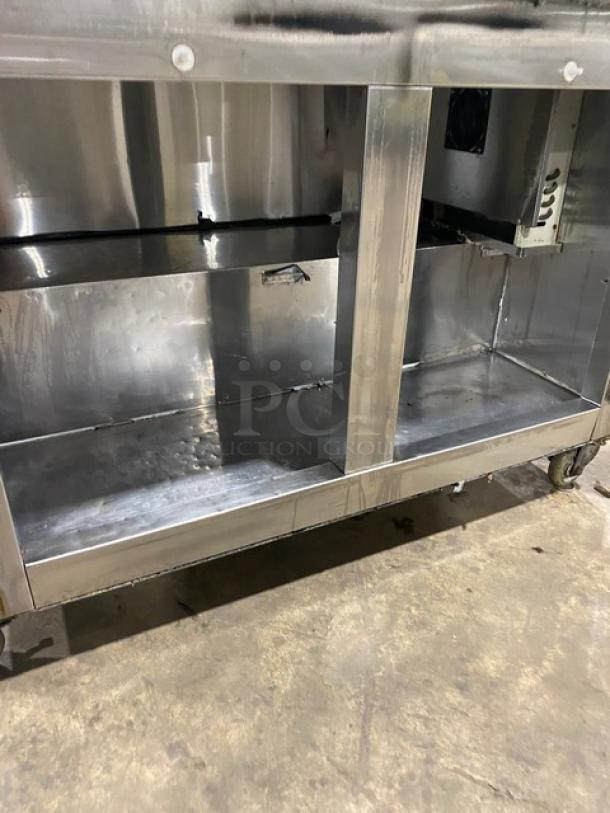 CoolTech CMPH48LBB stainless steel 2-door lowboy worktop refrigerator, commercial-grade, on casters, 120V, used condition.