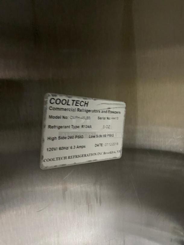 CoolTech Commercial Stainless Steel Lowboy Refrigerator, Model CMPH48LBB, 120V, on casters, visible label with specs.