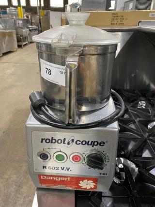Robot Coupe R602VV food processor, stainless steel 7 Qt bowl, countertop model with controls, and power cord.