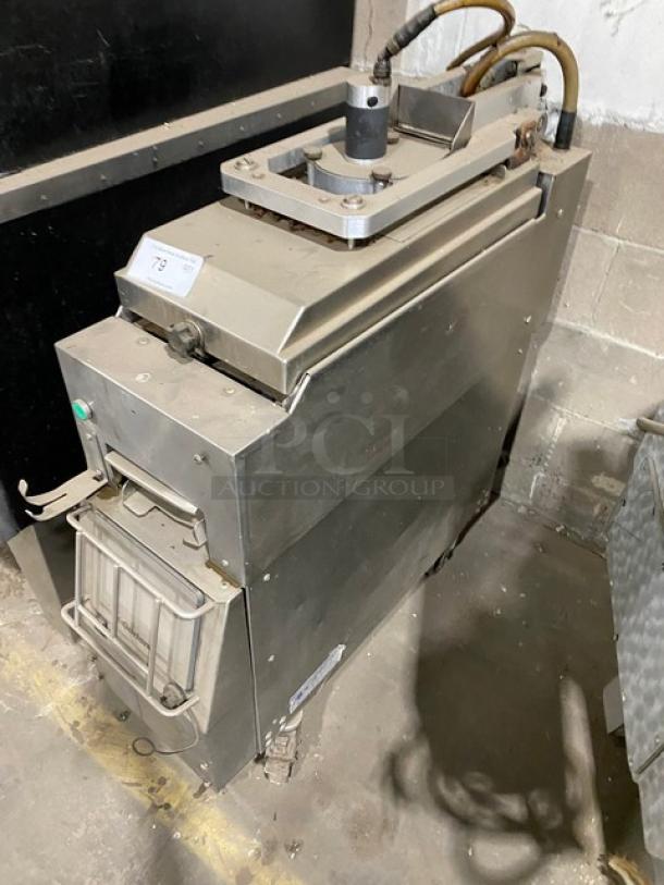 Garland CXBE12 stainless steel electric dual-side clam shell broiler on casters, includes control panel and visible wiring.