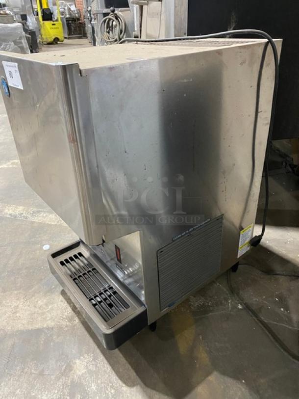 Hoshizaki DCM-270BAH stainless steel ice/water dispenser with drip tray, air-cooled, electric, on legs, commercial use.