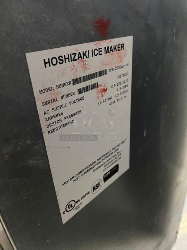 Hoshizaki Model DCM-270BAH ice maker label with model, serial number, voltage details, and certifications visible.