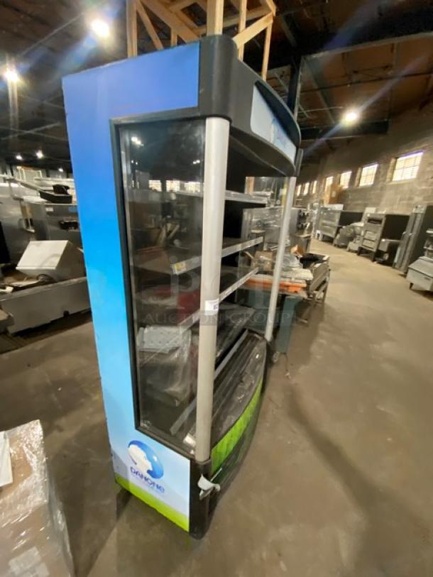 AHT Commercial Black Multi-Tier Refrigerated Open Display Case, Model ACXLS, 120V, visible glass front, shelving, used condition.