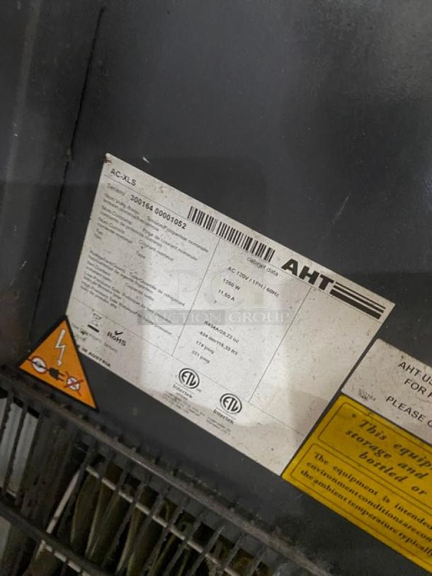 AHT ACXLS commercial black multi-tier refrigerated merchandiser label, model AC-XLS, 120V, 1 phase, SN: 30016400001052.