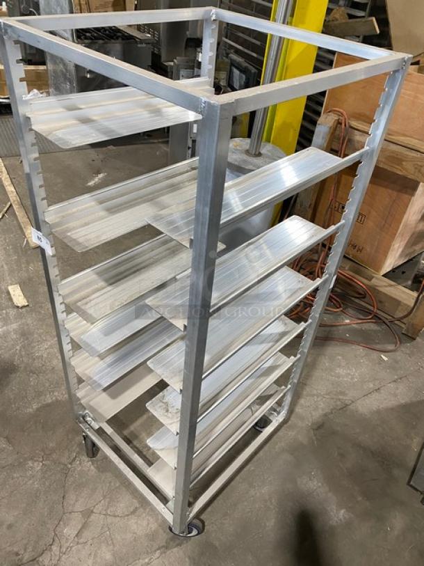 Channel Commercial Aluminum Pan Rack, Model AUR-12, features wide slides and casters for mobility.
