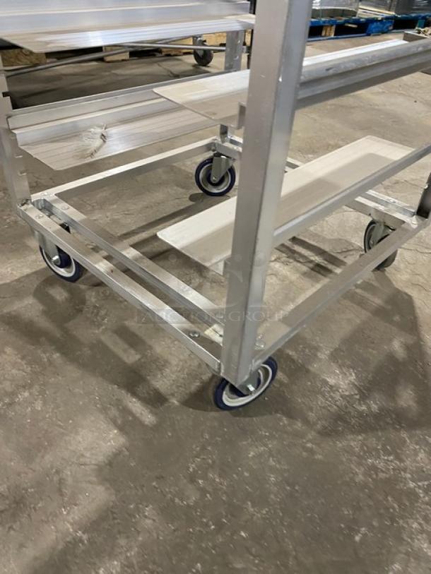 Channel Commercial Aluminum Utility Pan Rack, Model AUR-12, with wide slides and casters, in good condition.
