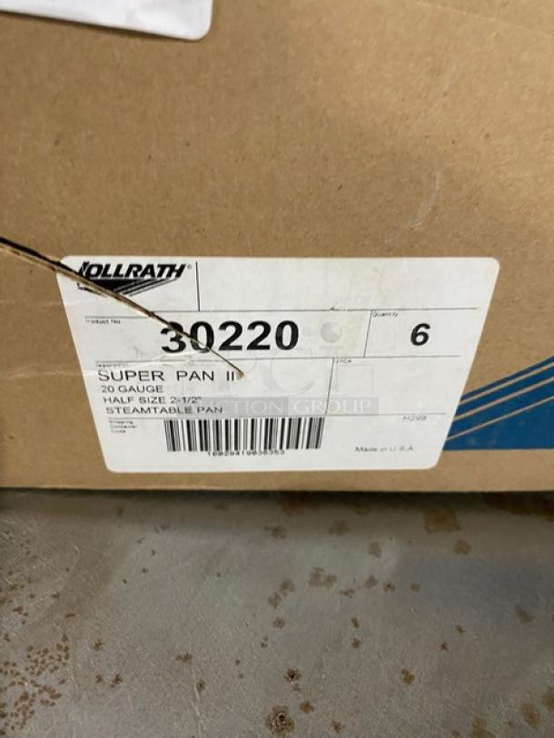 New Vollrath Super Pan II, commercial stainless steel, 1/2-size, 2-1/2" deep, model 30220. Box label indicates 6 pieces.