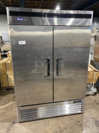 Atosa B-Series stainless steel 2-door reach-in freezer, model MBF8503GR, Energy Star certified, on casters.