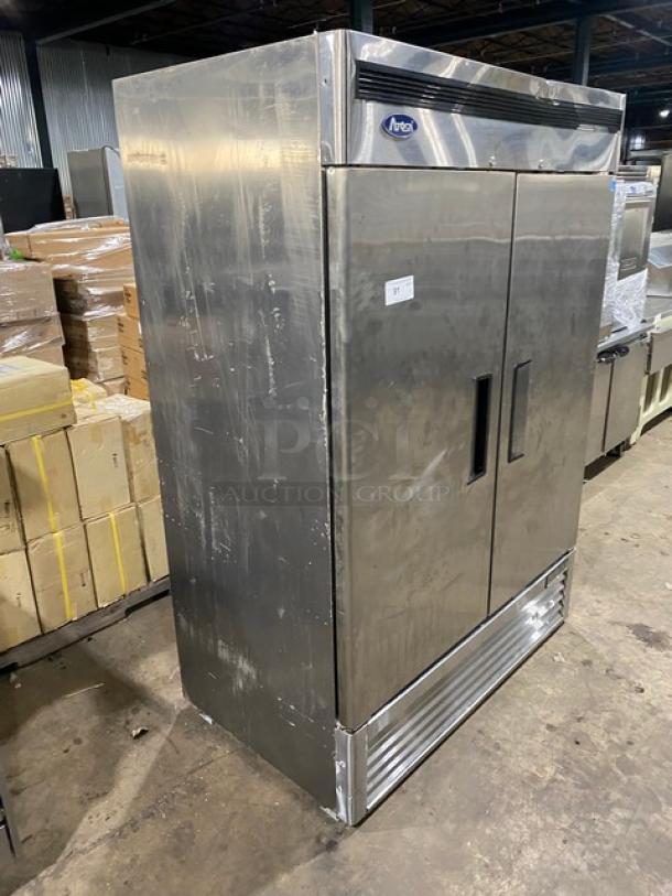 Atosa B-Series commercial stainless steel 2-door vertical reach-in freezer, model MBF8503GR, on casters, Energy Star certified.