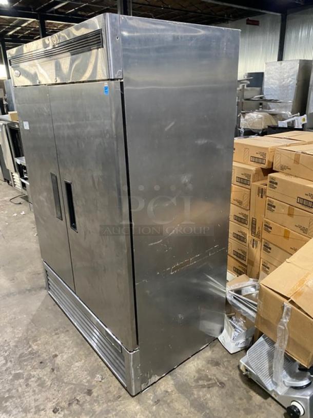 Atosa B-Series stainless steel 2-door vertical reach-in freezer, model MBF8503GR, on casters, Energy Star certified.
