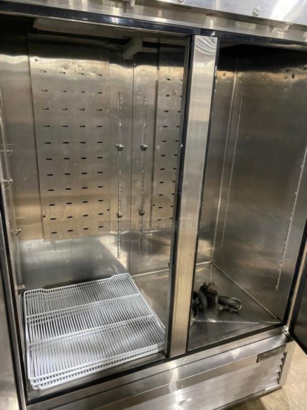 Atosa B-Series 2 Door Vertical Reach-In Freezer, Stainless Steel, Model MBF8503GR, on casters, with poly-coated wire racks.