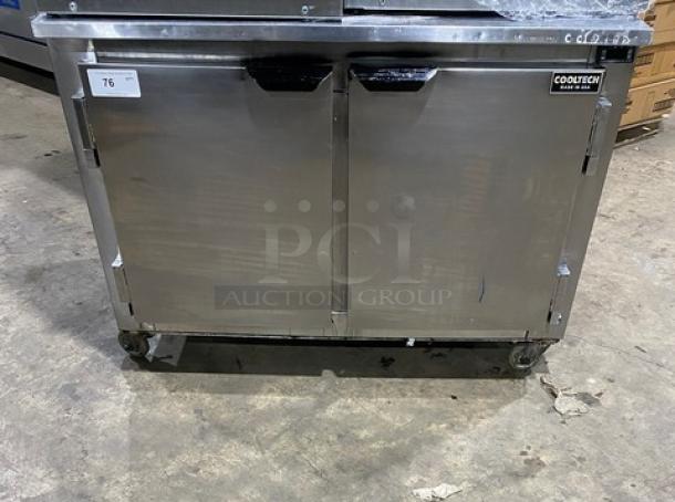 CoolTech Stainless Steel 2 Door Lowboy Worktop Refrigerator, Model CMPH48LBB, 120V, on casters, commercial-grade.
