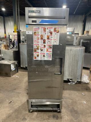 True T-19F-HC stainless steel single door freezer, Energy Star certified, poly coated wire rack, on casters, visible model label.