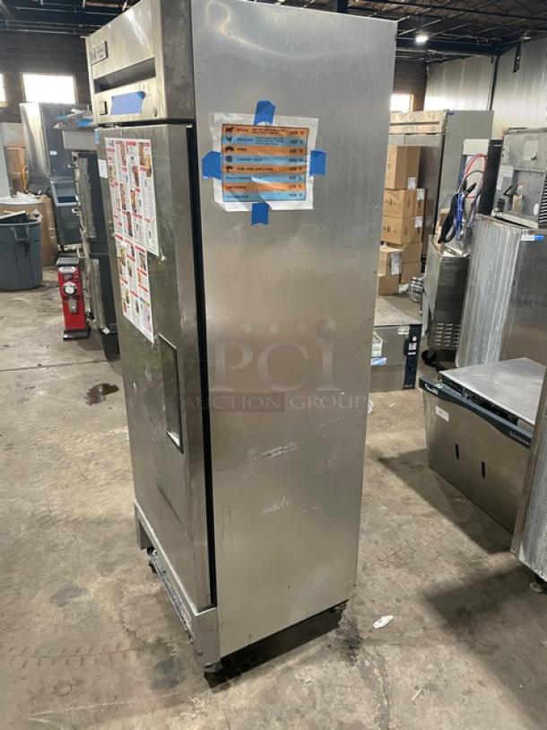True T-19F-HC single door stainless steel reach-in freezer, Energy Star certified, with poly-coated wire rack, on casters.