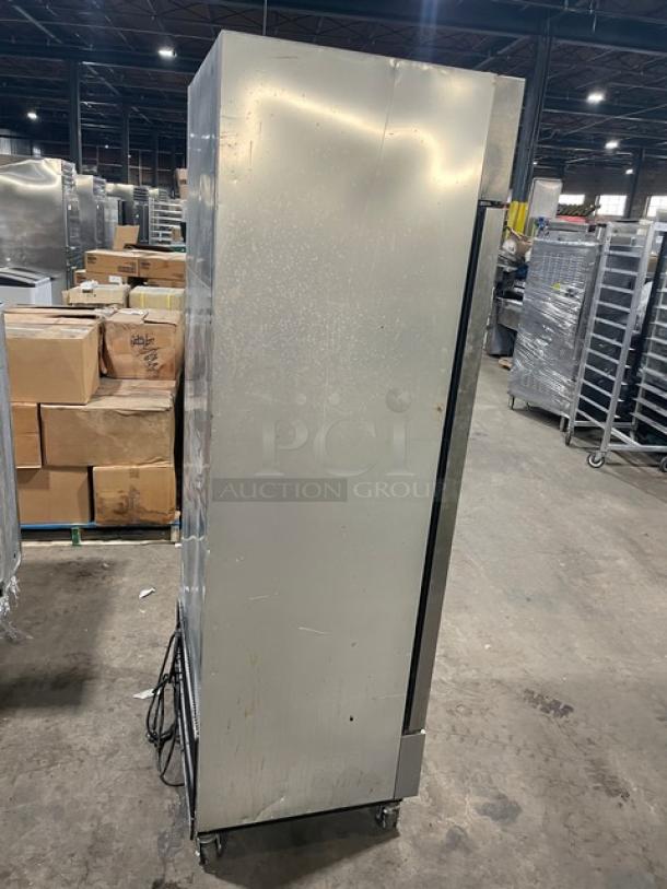 True T-19F-HC stainless steel single door reach-in freezer, Energy Star certified, with poly-coated wire rack, on casters.