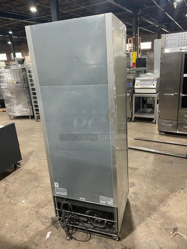 True T-19F-HC stainless steel reach-in freezer, single solid door, Energy Star certified, on casters, back view.