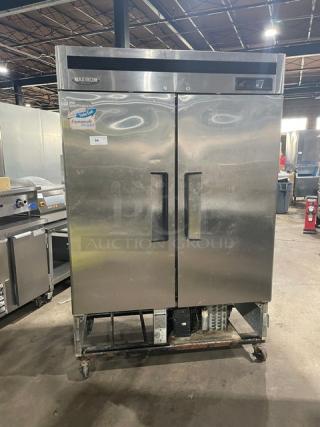 Turbo Air Maximum Series stainless steel 2-door commercial freezer, Model MSF-49NM, with poly-coated wire racks, on casters.