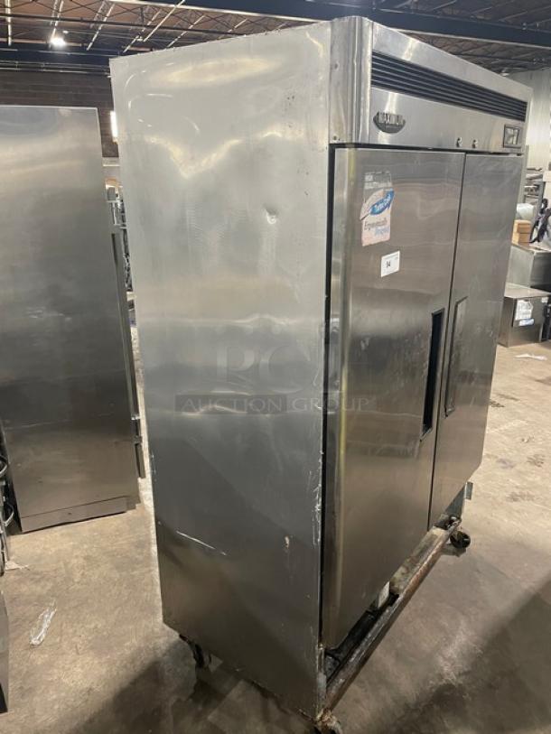 Turbo Air Maximum Series Commercial 2 Door Reach-In Freezer, model MSF-49NM, stainless steel, on casters, has poly-coated wire racks.