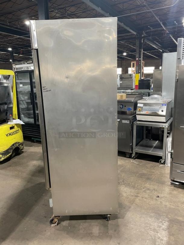 Turbo Air MSF-49NM commercial stainless steel 2-door reach-in freezer with poly-coated wire racks, on casters, 110-120V, 1 phase.