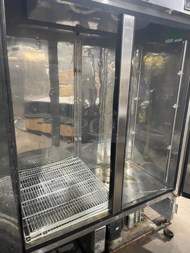 Turbo Air Maximum Series 2 Door Reach-In Freezer, Model MSF-49NM, stainless steel, poly-coated wire racks, on casters.