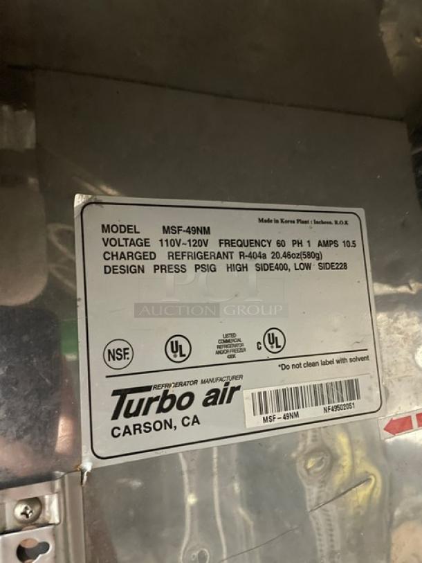 Turbo Air Maximum Series 2 Door Freezer, Model MSF-49NM, Poly Coated Racks, 110-120V, Serial NF49502051, on Casters.