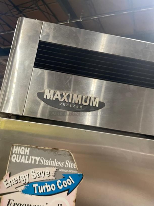 Turbo Air Maximum Series 2-door stainless steel freezer, model MSF-49NM, with poly-coated wire racks and energy efficiency stickers.
