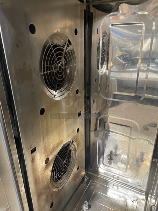 Alto-Shaam CTP20-20G Combitherm Proformance Series roll-in combi oven interior with stainless steel finish, visible fans.