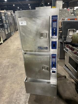Cleaveland Range SteamCraft Ultra 10 dual compartment steamer, model 24CGA10, stainless steel, natural gas, used, on legs.