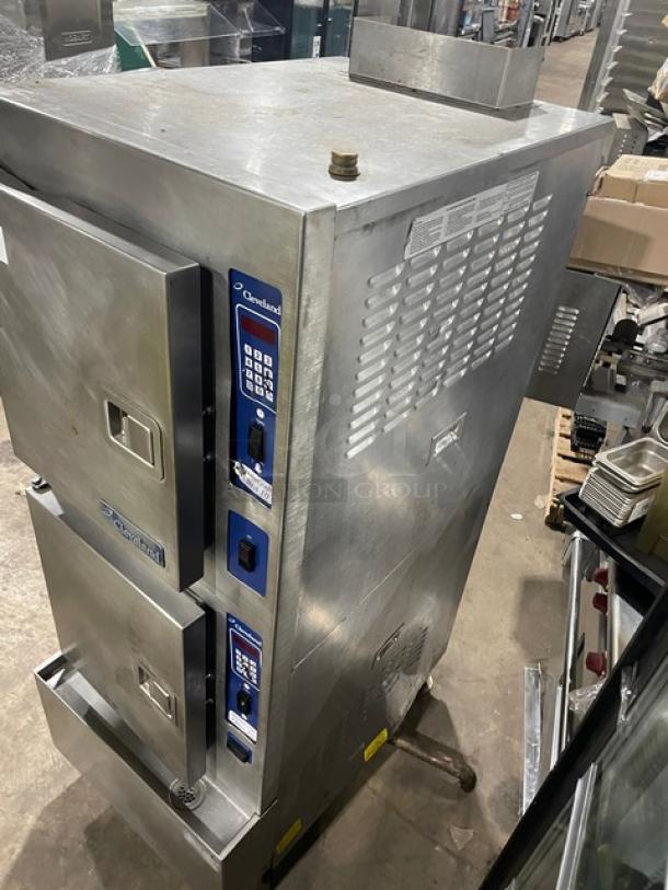 Cleaveland Range SteamCraft Ultra 10 dual compartment steamer, Model 24CGA10, stainless steel, natural gas, on legs, good condition.