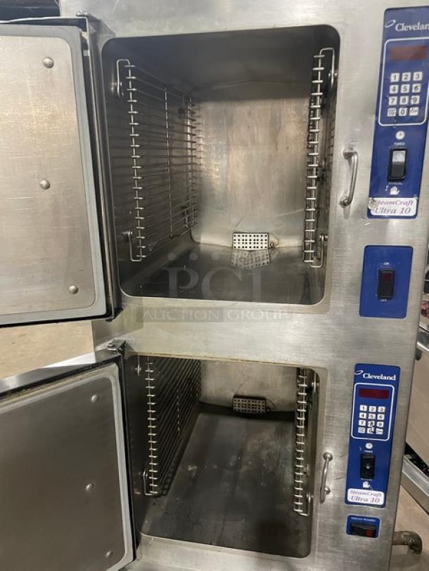 Cleaveland Range SteamCraft Ultra 10 dual compartment stainless steel steamer, model 24CGA10, natural gas, on legs.