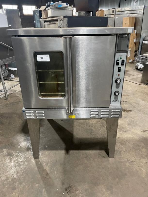 SunFire stainless steel convection oven, model SCO-GS-10S, with thermostatic controls, wired racks, on sturdy legs.
